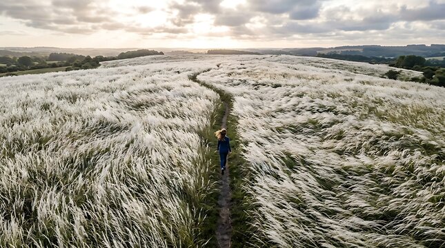 Young woman walking on a path through a field of white feather grass