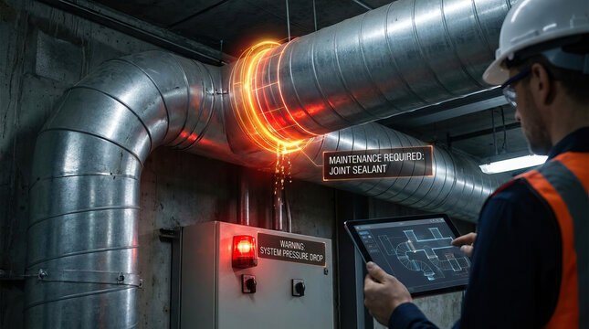 Leaking pipe maintenance required system pressure drop industrial duct worker with tablet preventive maintenance metal ventilation safety helmet warning light digital inspection