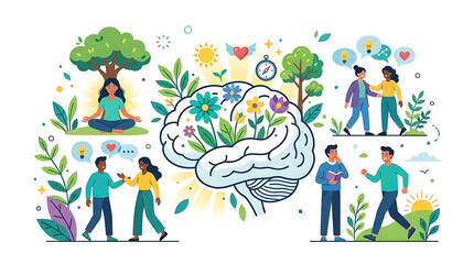 Fototapeta premium Mental health awareness illustration with diverse people and brain symbols in a supportive community setting