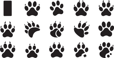 Fototapeta premium Animal Paw Prints, Black Footmarks, Pet Foot Icons, 15 Vector Symbols