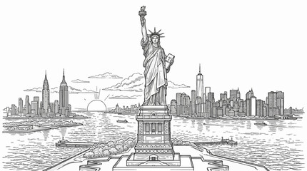 Black and white sketch of iconic statue overlooking city skyline at dusk in minimalist line art style © Nadeesha