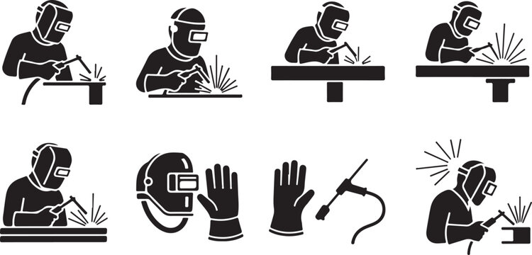 Welding icons, industrial work symbols, metalwork illustrations, black vector set
