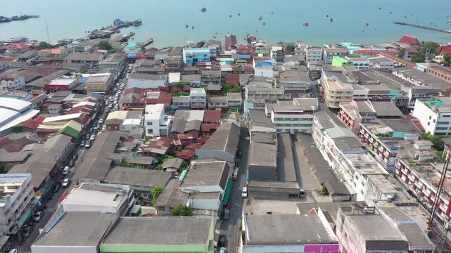 Aerial footage of Sattahip district located in Chomburi province.