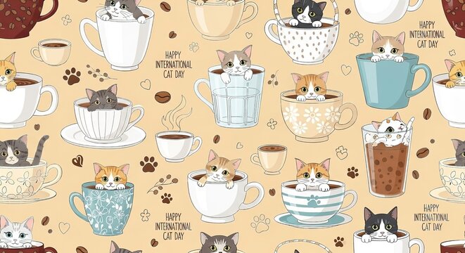 Cute cats in coffee mugs seamless pattern background with seamless, illustration