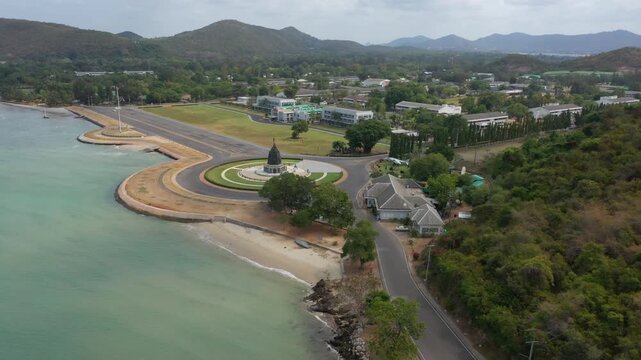 Aerial footage of Sattahip district located in Chomburi province.