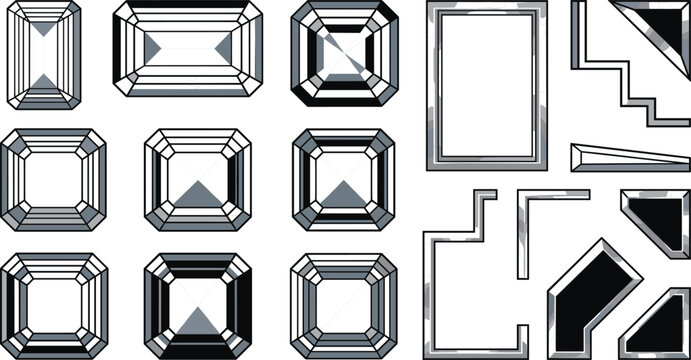 Emerald cut diamond gemstone vector set with metallic silver borders geometric frames and jewelry layout design elementsEmerald cut diamond gemstone vector set with 
