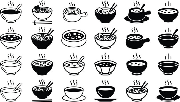 Hot soup and noodle bowl icon collection featuring steaming meals ramen dishes and restaurant food symbols