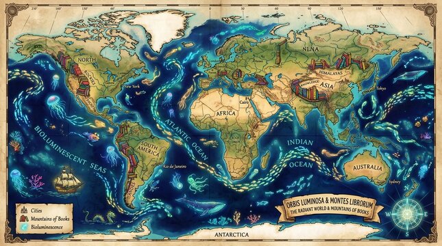 Detailed Fantasy World Map with Deep Ocean Currents and Continents, Adventure and Discovery Concept