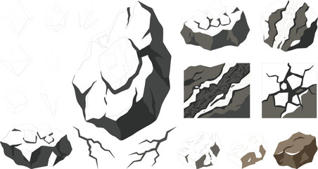 Cracked stone rock vector set with mountain boulders ground ground texture breaks and geological debris elementsCracked stone rock vector set with mountain  © MdAmzad