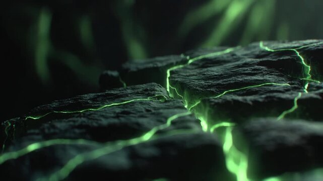 Dark cracked stone with bright green glow in atmospheric style on shadowy background, concept of energy fissures