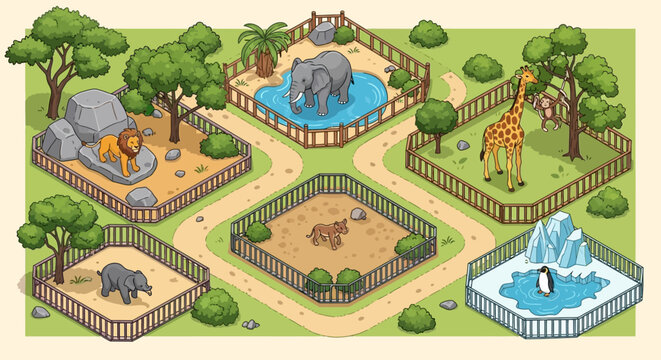 Isometric zoo park map with various wild animal enclosures.