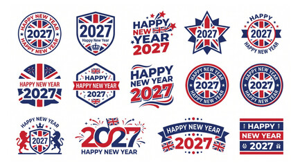 Happy new year 2027 british union jack flag badge collection vector set with united kingdom celebration greeting collection firework creative template celebrate decoration © Shaon