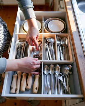 Hands organizing kitchen drawer with cutlery and utensils