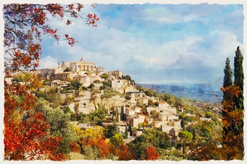 Gordes, Provence-Alpes-Côte d'Azur, France. Watercolor painting. Perched on a rock, it is one of the most visited villages in the Luberon Regional Natural Park. © vlukas