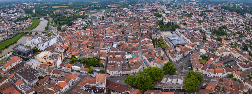 Aerial view beside the old town of the city Dax, France on a sunny late afternoon