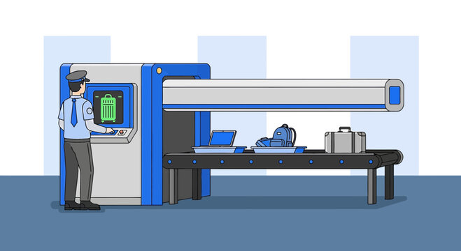 Airport security scanner, baggage check, and security guard illustration