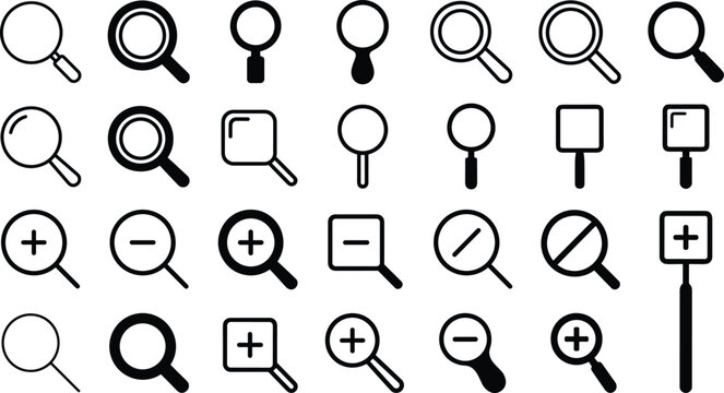 Magnifying glass search icons collection featuring zoom controls inspection tools and navigation interface symbols
