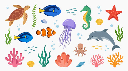 Fototapeta premium Collection of cute sea creatures and marine life, including a turtle, clownfish, dolphin, seahorse, starfish, and jellyfish, surrounded by coral and seaweed Isolated on white background