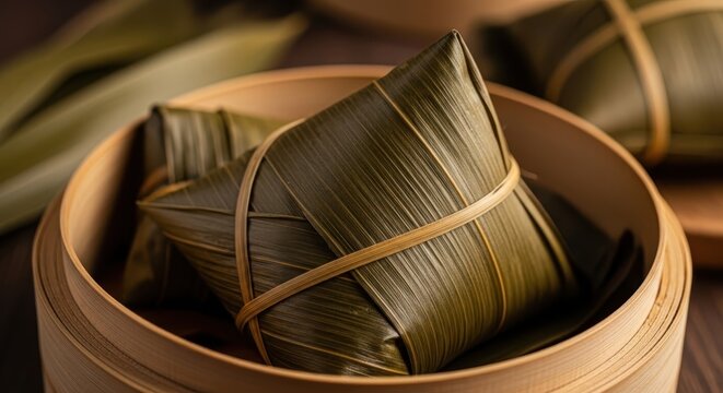 Close-up of a traditional sticky rice dumpling wrapped in green leaves, tied with bamboo string