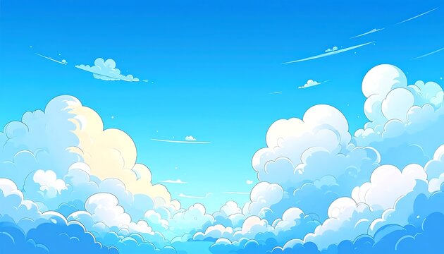 Bright Fluffy Clouds Floating in Clear Blue Sky Background