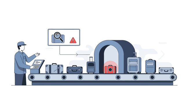 Airport Security Scanner: Luggage on Conveyor Belt, Inspection, Warning Symbol