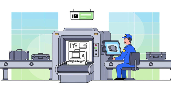 Airport Security Scanner, Luggage X-ray Machine, Officer Monitoring Screen
