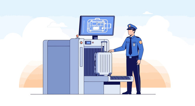 Airport Security Scanner: Officer Checks Luggage, X-ray Machine, Travel Safety