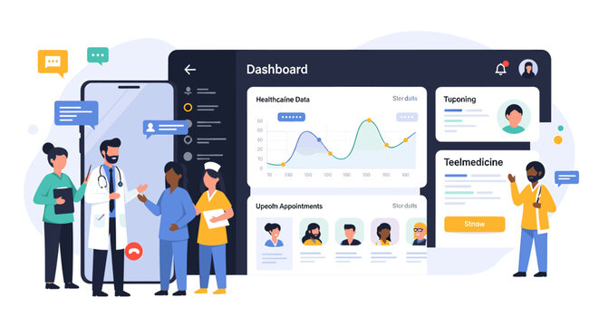 Digital healthcare dashboard interface with medical staff and patients in a flat vector illustration style.