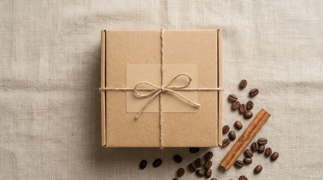Cardboard gift box tied with twine, coffee beans and cinnamon stick