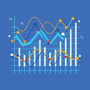 Abstract financial charts with blue and orange lines and bars on a dark blue grid background