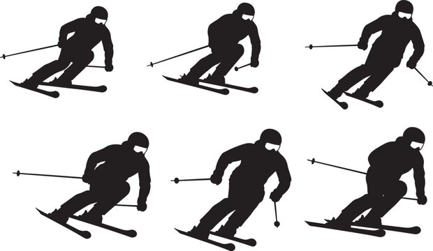 Collection of downhill skier silhouettes in dynamic action poses isolated on a transparent background.