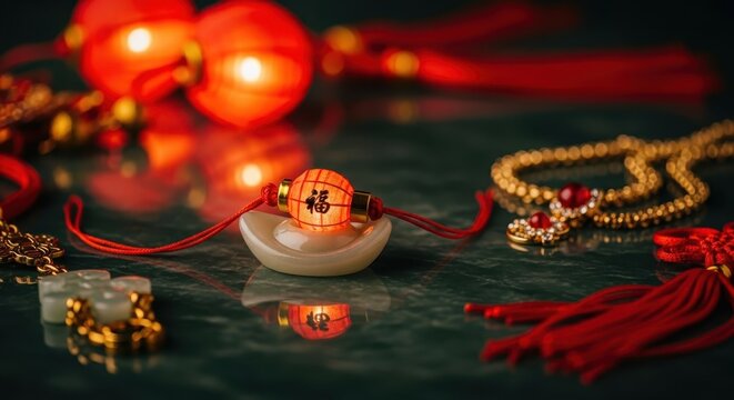 Glowing miniature red Chinese lantern ornament with intricate details and auspicious symbols on a reflective surface