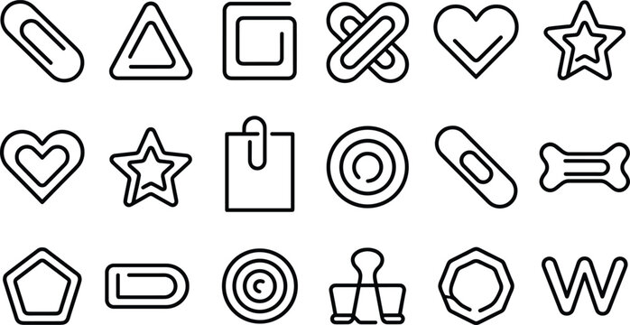 Paper clip and stationery outline icons collection featuring office attachments bookmarks shapes and organizational symbols