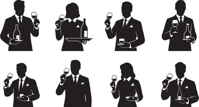 Collection of eight isolated black gradient people holding wine glasses and bottles on transparent background.