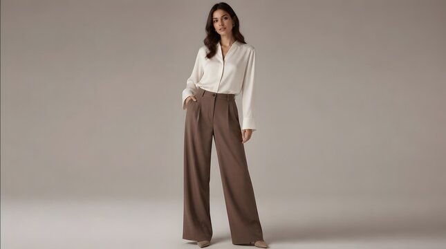 Elegant Woman in Studio Wearing White Silk Blouse and Brown Wide Leg Trousers