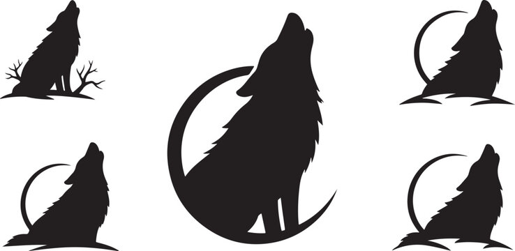 Collection of howling wolf silhouettes in various poses with moons and natural elements.