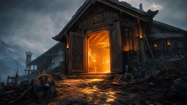 A grand Viking longhouse with open oak doors and golden light on shields outside.