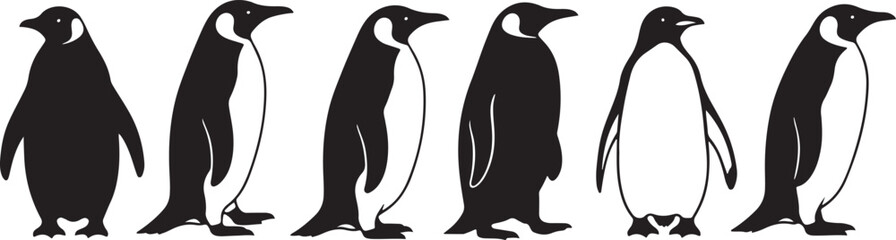 Collection of penguin silhouettes in various poses on transparent background, arctic animals. © Sheplob
