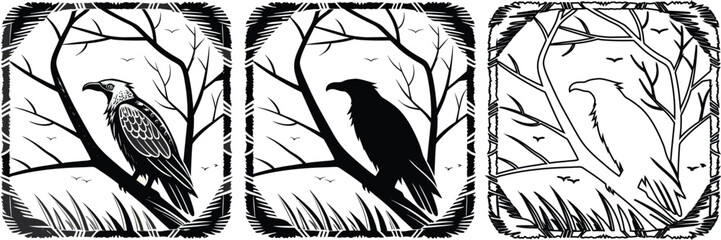 Fototapeta premium Vintage raven or crow on tree branch linocut style silhouette illustration set