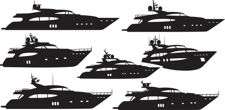Collection of modern luxury yacht silhouettes isolated on transparent background vector art.
