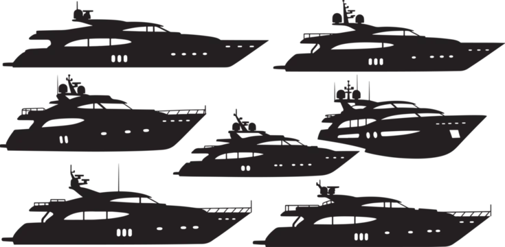 Collection of modern luxury yacht silhouettes isolated on transparent background vector art.