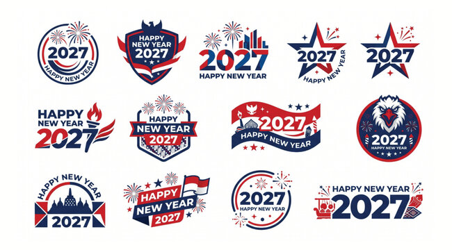 Variety of happy new year 2027 festive logos and holiday badges with firework elements fireworks celebration greeting invitation template creative decoration announcement abstract