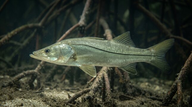 Common Snook swimming among mangrove roots in clear water.