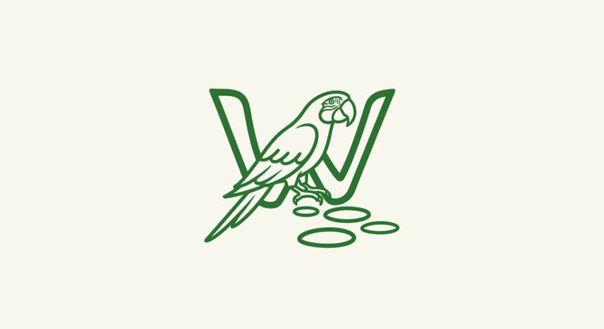 Green parrot perched on letter W design.