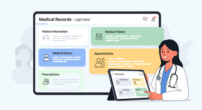 A friendly doctor using a tablet to access digital medical records for patient care.