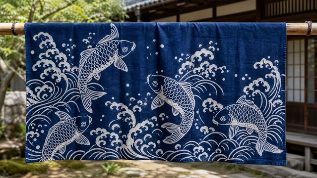 Japanese indigo-dyed tenugui with koi pattern drying on a bamboo pole.