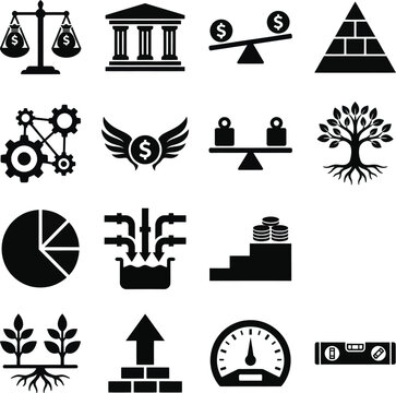 Financial growth and stability icons investment banking and economic progress vector set