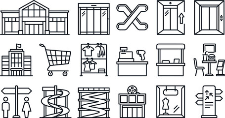 Retail and commercial facility line icons set featuring shopping mall elevators stores kiosks navigation and services © Prodip