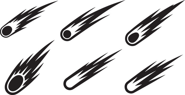 Collection of six stylized comet vector icons with tails and glowing centers against a transparent background.