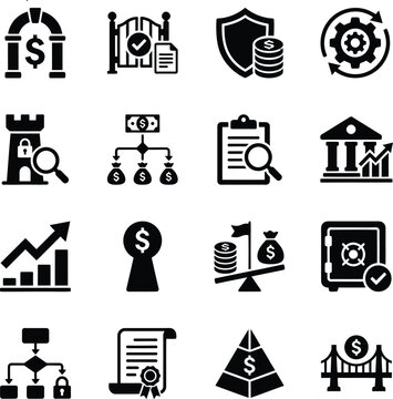 Financial security and investment icons black glyphs representing wealth management protection and economic growth concepts
